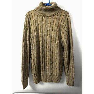 VTG Womens Tan Cable Knit Turtleneck Sweater L Coastal Grandma Preppy Fisherman